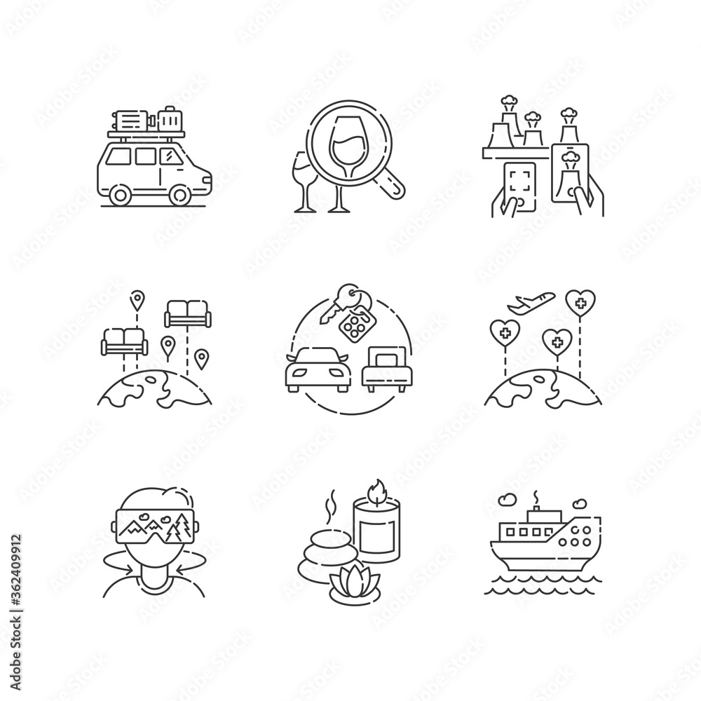Holiday tourism pixel perfect linear icons set. Vacation adventures and recreational activities customizable thin line contour symbols. Isolated vector outline illustrations. Editable stroke