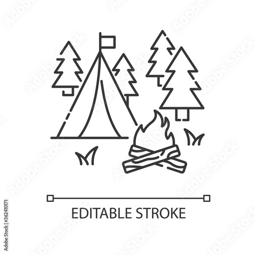 Camping pixel perfect linear icon. Nature tourism, outdoor recreation thin line customizable illustration. Contour symbol. Overnight stay in forest. Vector isolated outline drawing. Editable stroke