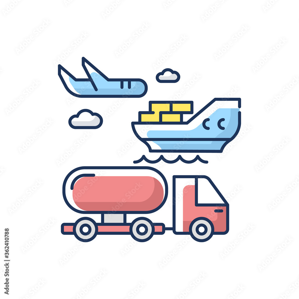 Shipping RGB color icon. Freight transportation, delivery service. Commercial shipment, production distribution by sea, land and air. Isolated vector illustration
