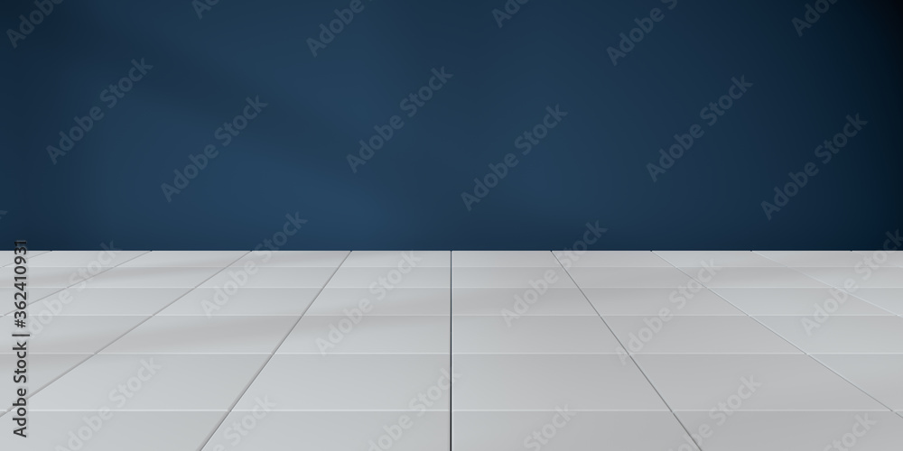 White cubic floor with blue wall background, 3d rendering.