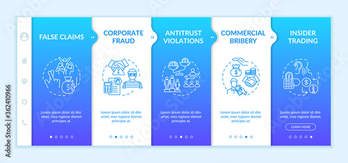 Organizational crimes onboarding vector template. Antitrust violations and commercial bribery. Responsive mobile website with icons. Webpage walkthrough step screens. RGB color concept