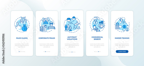 Common corporate crimes onboarding mobile app page screen with concepts. False claim acts. Walkthrough 5 steps graphic instructions. UI vector template with RGB color illustrations