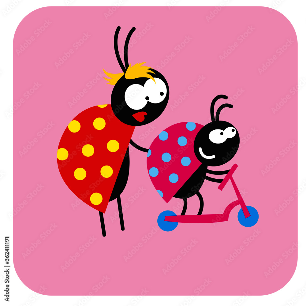 Fototapeta premium life of insects. mother beetle with her kid on a scooter. vector drawing for Illustration.