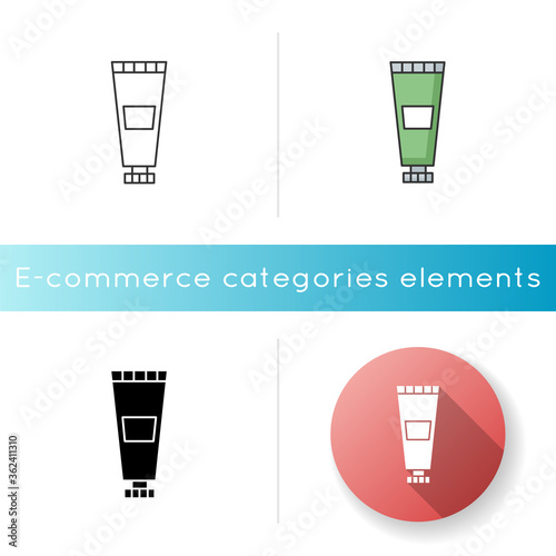 Lotion tube icon. Cream in bottle. Personal care product. Beauty gel in package. Makeup in jar. Shampoo for woman. Liquid soap. Linear black and RGB color styles. Isolated vector illustrations