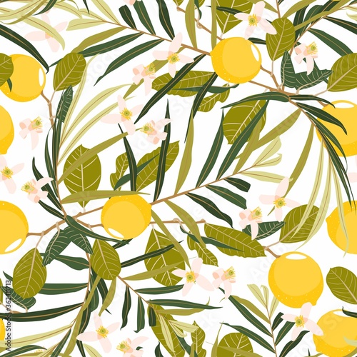 Seamless citrus pattern with palm leves. Hand drawn illustration with lemons. Template for print, textile,wallpaper cover and box design.