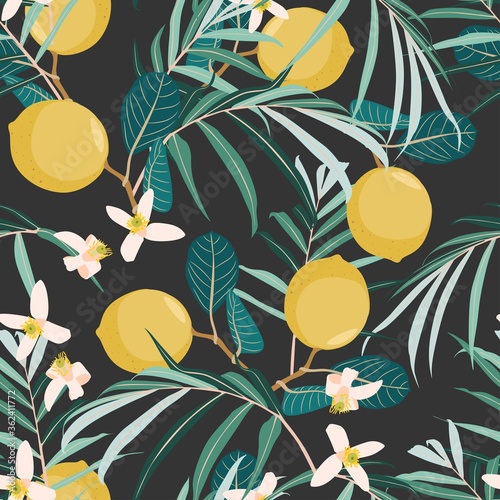 Seamless citrus vintage pattern with palm leves on black background. Hand drawn illustration with lemons. Template for print, textile,wallpaper cover and box design.