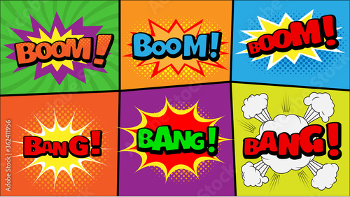 Vector comic speach bubble with prase  Boom, Bang  . Comic cartoon sound bubble speech set on colored background.