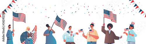 mix race people holding united states flags celebrating american independence day holiday 4th of july concept horizontal portrait vector illustration