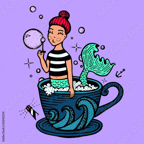 Mermaid inflates soap bubbles in a mug. A storm in a teacup