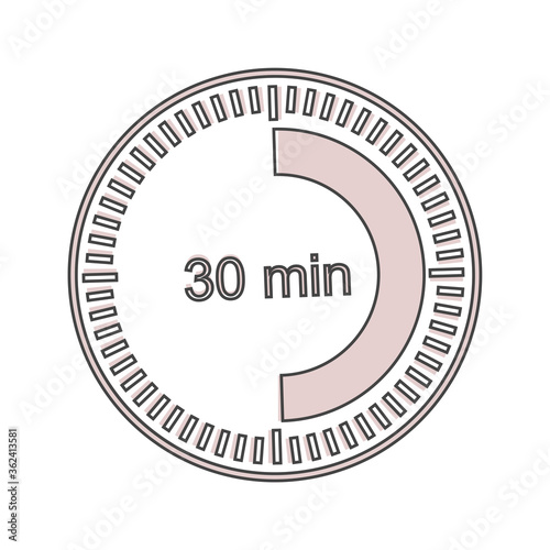 A clock icon indicating a time interval of 30 minutes. thirty minutes on the clock cartoon style on white isolated background.