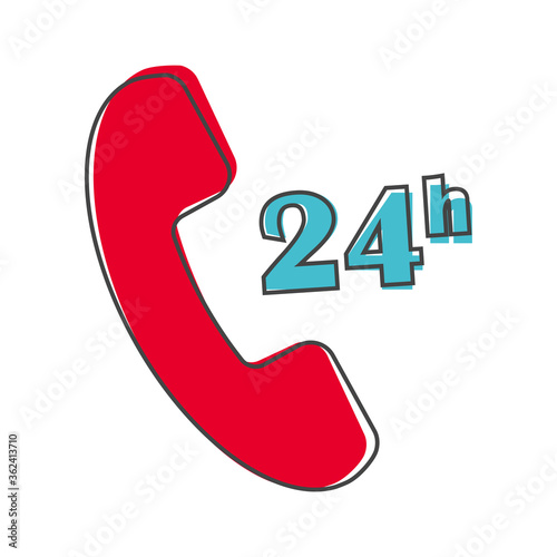 Vector phone icon. Support 24 hours a day. Round the clock cartoon style on white isolated background.