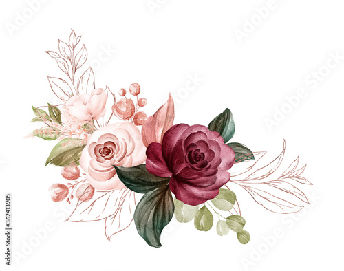 Watercolor arrangement of soft brown and burgundy roses with glitter line leaves. Botanic decoration illustration for wedding card, fabric, and logo composition