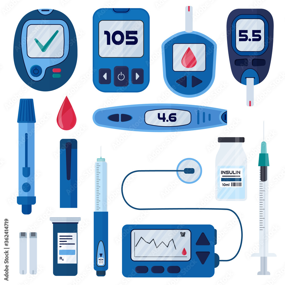 Diabetes flat vector infographic elements set in cartoon style. Diabetes  equipment icon collection. Insuline pump, glucometer, syringe, pen, lancet,  test strips. Concept of healthcare and prevention vector de Stock | Adobe  Stock