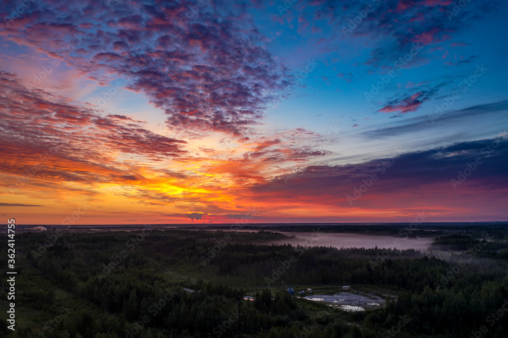 Low Cumulus cloud cover over forests swamps and fog. Khanty-Mansiysk. Western Siberia. Russia.