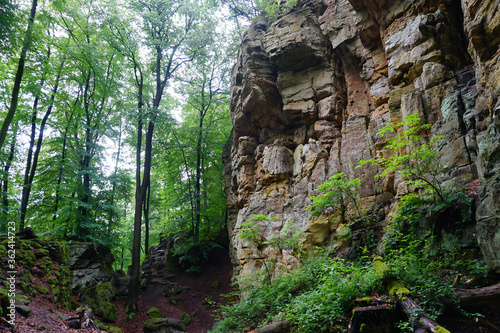 Eine Felsformation auf dem Wanderweg durch die Teufelsschlucht in der Eifel in Rheinland Pfalz - A rock formation on the hiking trail through the Teufelsschlucht in the Eifel in Rhineland Palatinate