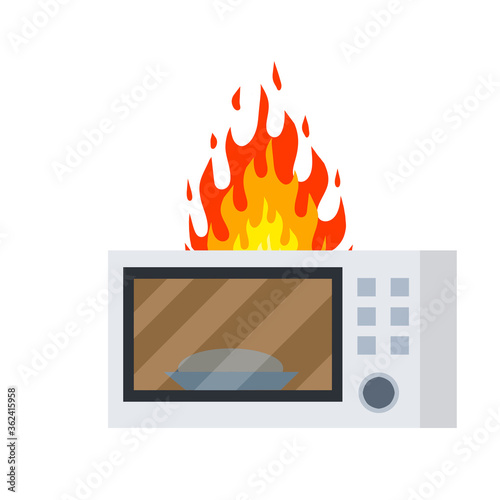 Microwave's on fire. Repair and breakdown of device. trouble cooking. Dangerous fire situation. Cartoon flat illustration. Flames in kitchen. Problem with household appliances