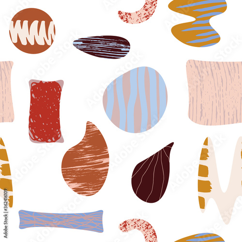 Seamless abstract texture nude pattern. Soft liquid burgundy, brown, beige, blue, cream forms on neutral background. Hand-drawn line, circles, brush strokes, stripes. Vector Scandinavian illustration