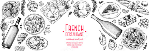 French food top view, Hand drawn. Classic French dishes. Food menu design template. Hand drawn sketch vector illustration. Cheese, wine, bakery, gourmet food.