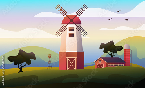 Agriculture farmland mill field concept. Vector flat graphic design illustration