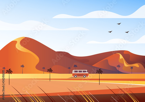 Desert travel bus tourism concept. Vector flat graphic design illustration