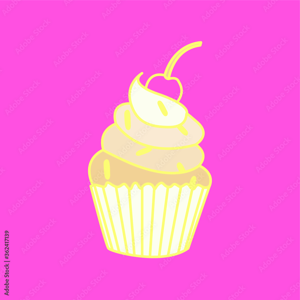 Vector doodle illustration with cupcake and cherry on pink background. Cartoon colorful dessert. Sweet cake with cream and berry, for card design, print, wallpaper. Vector doodle illustration with cupcake and cherry on pink background. Cartoon colorful dessert. Sweet cake with cream and berry, for card design, print, wallpaper.