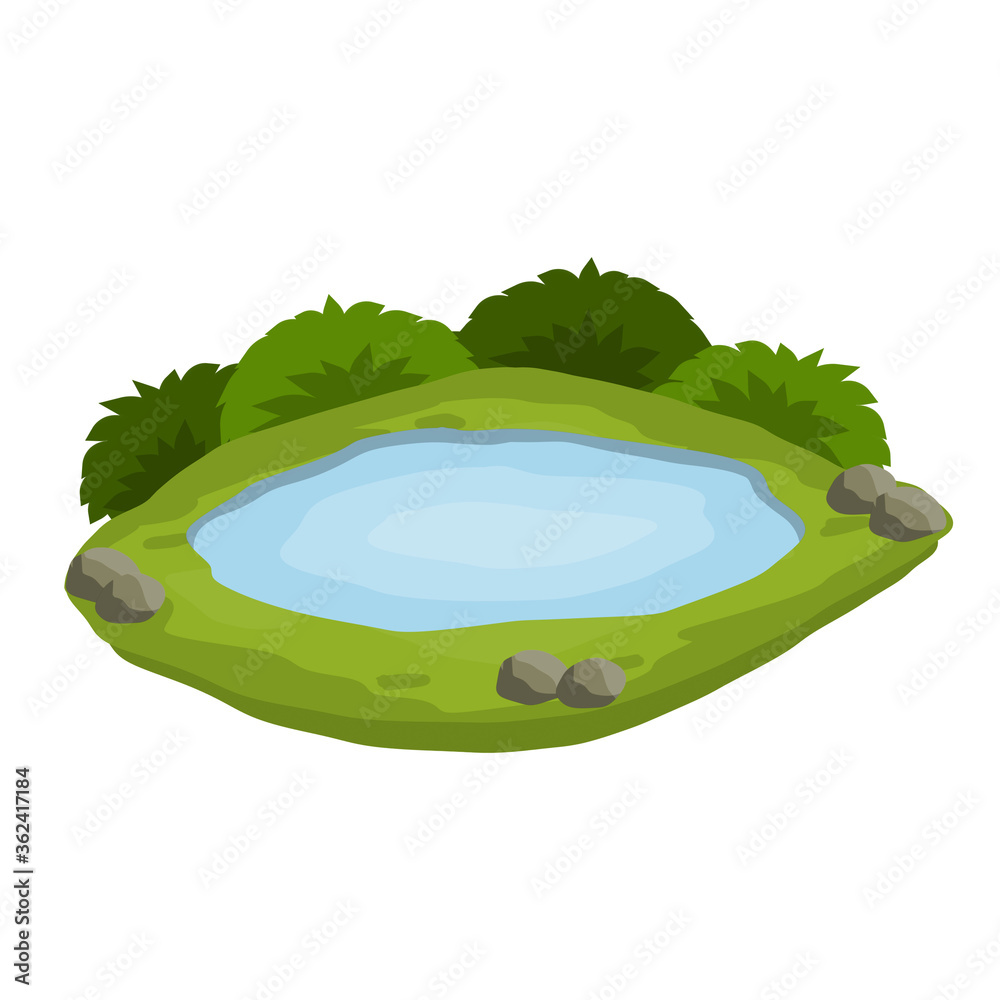 Pond and swamp, lake. Flat cartoon. Background for illustration. Landscape with grass, stones and bush. Element of nature and forest and water. Platform and ground