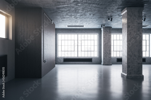 Modern concrete gray interior with columns and big window