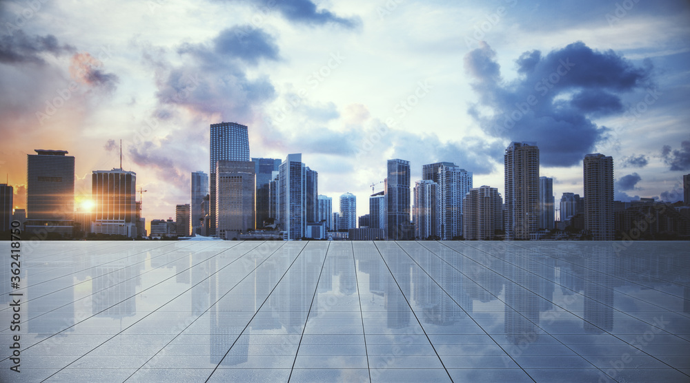 Modern concrete rooftop with panoramic city view. Modern concrete rooftop with panoramic city view.