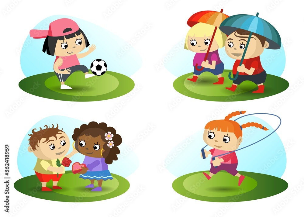 Summer outdoor recreation. Football game. Walk in the rain. Declarations of love. Classes with a rope. Vector collection