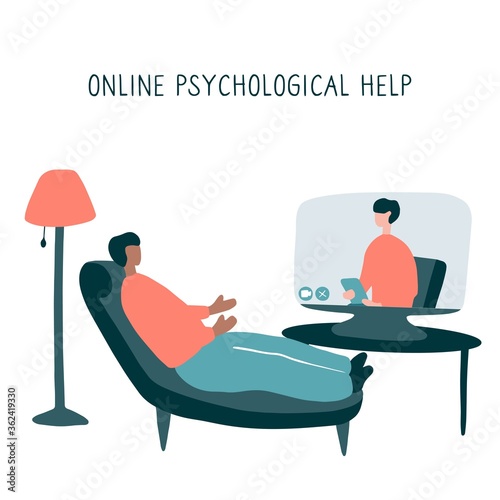 Man lies on couch and pours out his soul to psychologist through video communication. Online psychotherapy practice. Remote psychological help, psychiatrist consulting patient. Mental health care