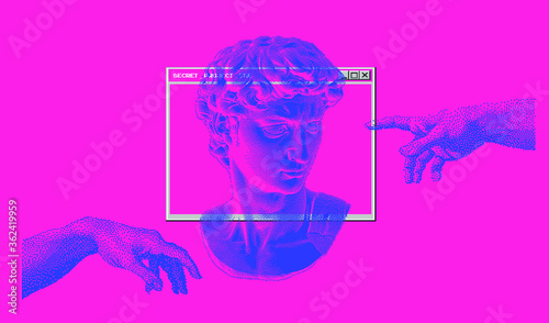 Pixel art 3D rendering of Michelangelo's David head. Retrofuturistic vector illustration in vaporwave and retrowave 80's aesthetics style.