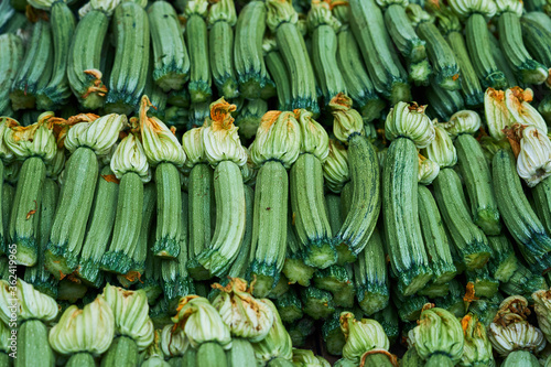 Fresh zucchini in the greek market in Chania  Crete as a background.