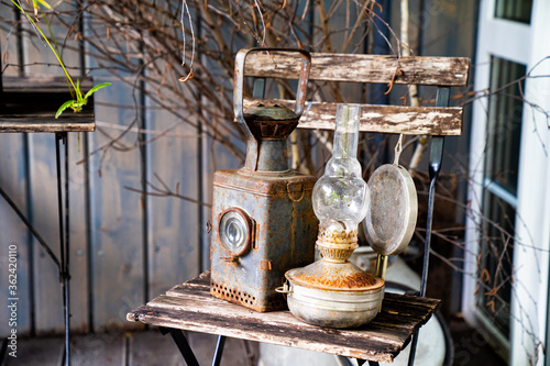 old railway signal lantern and kerosene lamp. retro vintage objects for interior.