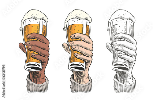Hand holding a beer glass. Vintage engraving style vector illustration.