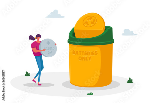 Tiny Woman Character Carry Huge Tablet Battery to Throw Garbage into Litter Bin for Recycle, Sorting Waste and Segregation. Environment Protection, Reduce Earth Pollution. Cartoon Vector Illustration