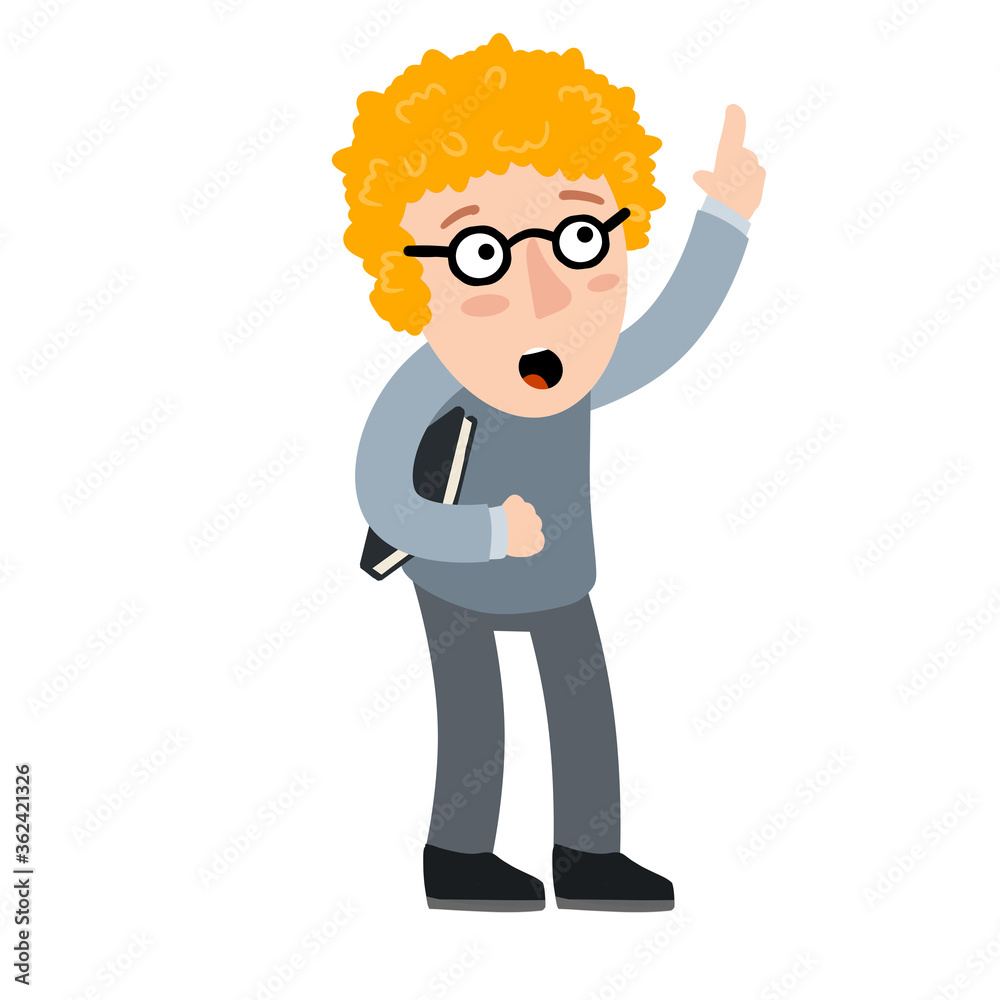Smart boy point finger up. Nerd glasses with book. Explanation and training. Education at school. Children drawing. Ginger kid. Hand gesture. Flat cartoon Smart boy point finger up. Nerd glasses with book. Explanation and training. Education at school. Children drawing. Ginger kid. Hand gesture. Flat cartoon