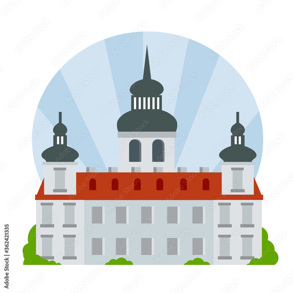 Old Medieval University. House of monastic order. Historic centre. Jesuit College. Tower, Palace and castle. Flat European architecture. Building in Baroque style Old Medieval University. House of monastic order. Historic centre. Jesuit College. Tower, Palace and castle. Flat European architecture. Building in Baroque style