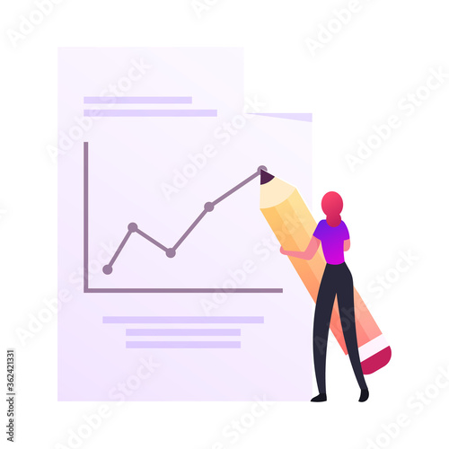 Young Business Woman Character Drawing Growing Graph. Businesswoman Work on Growth Data Analysis Arrow Chart Curve Line, Financial Profit Diagram, Social Poll Statistics. Cartoon Vector Illustration