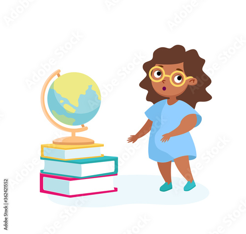Girl Character Stand at Books Pile with Globe on Top. Back to School, Geography Lesson, Education and Knowledge Concept. Kid Studying, Little Baby Schoolgirl Learning. Cartoon Vector Illustration