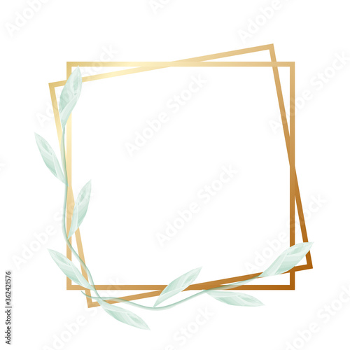 Fototapeta Naklejka Na Ścianę i Meble -  Green watercolor branch with leaves and golden geometric border for design wedding or spring card on white, stock vector illustration