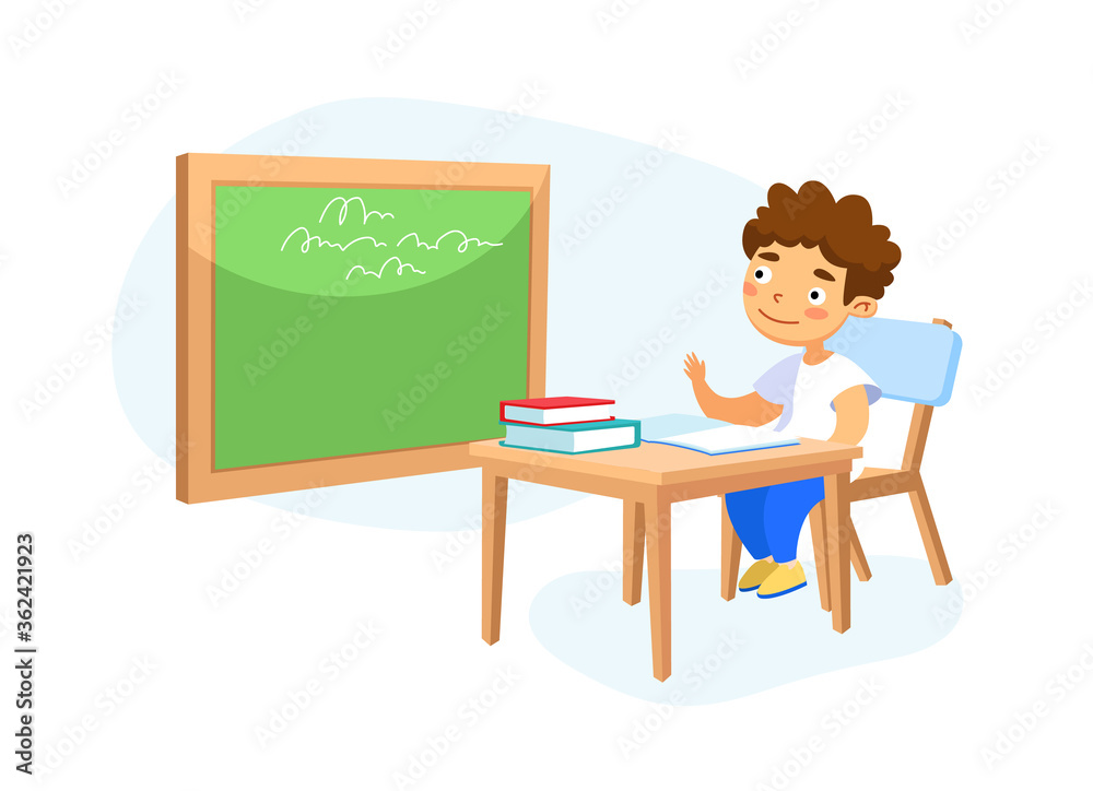 Happy Kid School Boy Sitting at Desk in Classroom Studying, Schoolboy Character Raising Hand to Answer Lesson in Class. Child Gaining Knowledges and Primary Education. Cartoon Vector Illustration Happy Kid School Boy Sitting at Desk in Classroom Studying, Schoolboy Character Raising Hand to Answer Lesson in Class. Child Gaining Knowledges and Primary Education. Cartoon Vector Illustration