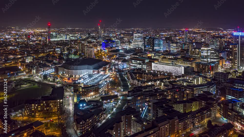 Clockwise aerial rotation around Birmingham city centre at Night.