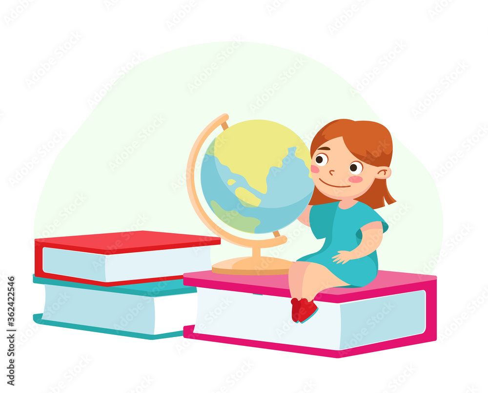 Back to School, Education and Knowledge Concept. Kid Character Studying, Little Girl with Globe Sitting on Pile of Textbooks in College or Preschool Classroom, Learning. Cartoon Vector Illustration Back to School, Education and Knowledge Concept. Kid Character Studying, Little Girl with Globe Sitting on Pile of Textbooks in College or Preschool Classroom, Learning. Cartoon Vector Illustration