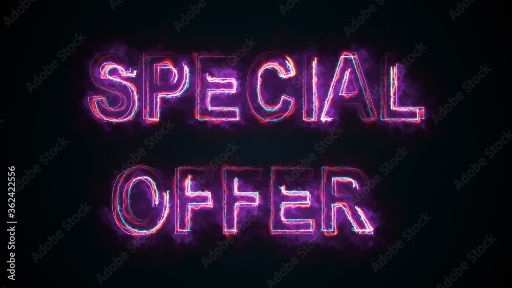 The phrase Speial offer, computer generated. Burning inscription consists of capital letters. 3d rendering of colorful trading background.