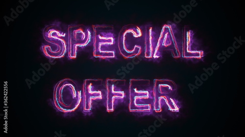 The phrase Speial offer, computer generated. Burning inscription consists of capital letters. 3d rendering of colorful trading background.