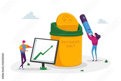 Man Character Perform Growing Arrow Chart with Statistics of Using and Recycling Batteries and E-waste. Data Graph Garbage Segregation and Reduce Earth Pollution. Cartoon People Vector Illustration