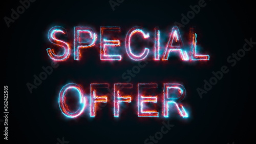 The phrase Speial offer, computer generated. Burning inscription consists of capital letters. 3d rendering of colorful trading background. photo