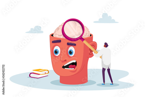 Tiny Doctor Character with Huge Magnifying Glass Learning Diseased Human Brain, Patient with Mental Problem Therapy and Medical Support. Psychiatric Clinic or Institute. Cartoon Vector Illustration