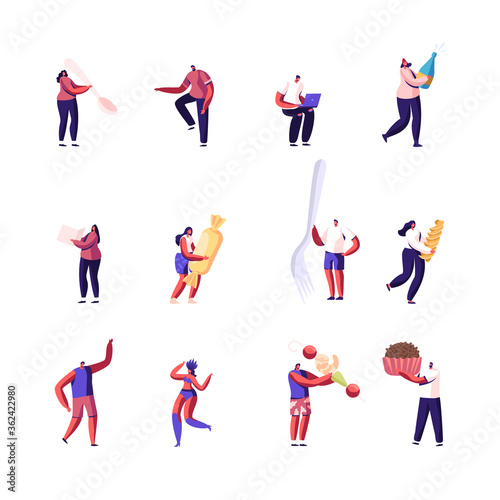 Set of Tiny Male and Female Characters with Huge Spoon, Champagne Bottle and Sweets, Cane Sugar, Fork and Pasta with Cupcake and Shrimp on Skewer. People Celebration Fest. Cartoon Vector Illustration