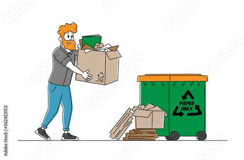 Paper Waste or Trash Recycle, Stop Pollution Concept. Young Man Character, Volunteer Carry Pile of Old Used Carton in Box. Ecology Protection, Wastepaper Recycling Solution. Linear Vector Illustration